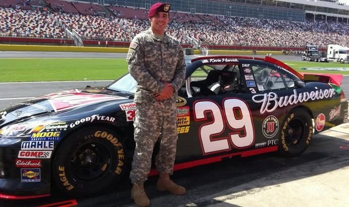 Antonio in Army uniform and maroon beret at a NASCAR event